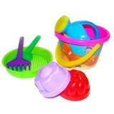 Набор №224: ведро среднее с наклейкой, ситечко, лопатка, грабельки, 2 формочки, лейка малая №4