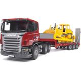 Bruder Тягач с прицепом-платформой Scania с гусеничным бульдозером CAT арт. 03-555