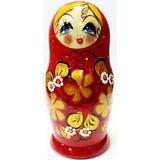 Матрешка 5 в 1 средняя (Цветы, Эскиз 31, Золотистые лепестки на красном)