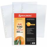 Папки-файлы перфорированные А4 BRAUBERG, КОМПЛЕКТ 100 шт, матовые, 30 мкм, 221991