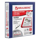 Папка на 4 кольцах с передним прозрачным карманом BRAUBERG, картонПВХ, 65 мм, синяя, до 400 листов,
