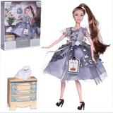 Кукла ABtoys "Amelia. Роскошное серебро" с котенком, платье с пайетками с прозрачными рукавами фонариками, русые волосы 30см