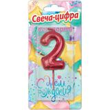 Свечи для торта цифра 2 красная металлик, блистер, с днем рождения ЧУДО ПРАЗДНИК 