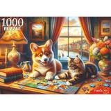 Пазлы 1000 Кот и щенок за пазлами