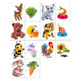 Melograno Пазл Животные кто что ест. 7 животных. Каждый пазл из 2х деталей, 14 деталей, размер одной карточки 10 х 7 см, размер детали 5 * 7 см